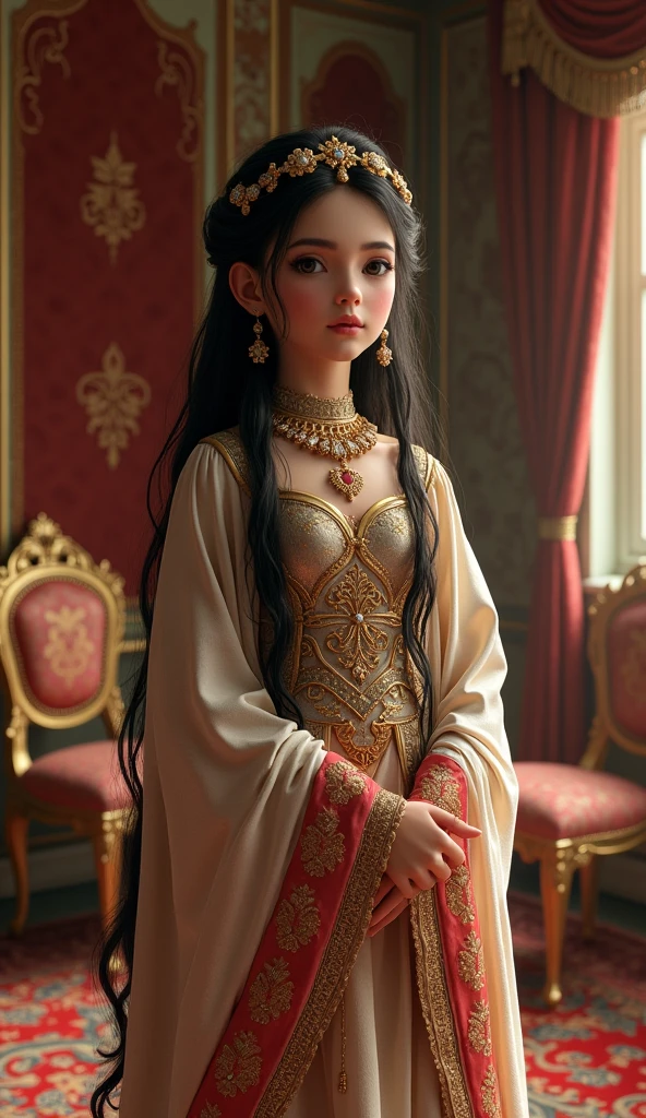 Create a Arabian girl wearing a beautiful frock with a luxury room background