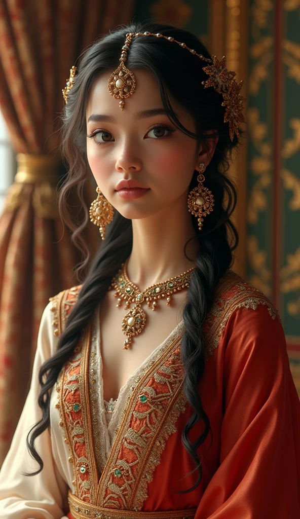 Create a Arabian girl wearing a beautiful frock with a luxury room background