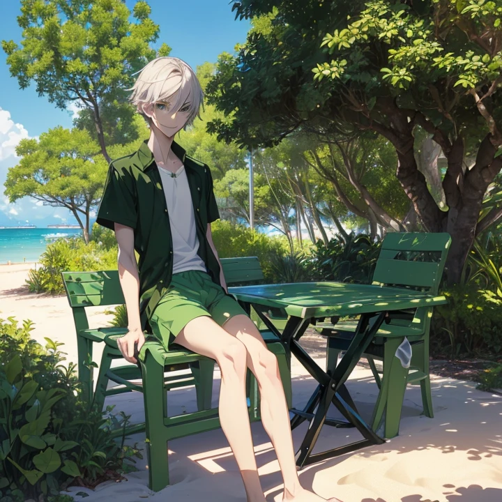 Anime Style, Character Design, HD, Best Quality, Masterpiece, High Details, High resolution, fantasy, carefully detailed, no deformities, character alone.
{{(1character: a 22 young man civilian:(pale skin, short black hair, he stands 1,88 meters tall, slender body complexion, green eyes, short nose, thin lips, so handsom),(green shorts swimsuit),(kind smile, carefree, sitting on a plastic chair,),(morning, pale blue sky, beach, sand, trees at the back))}}