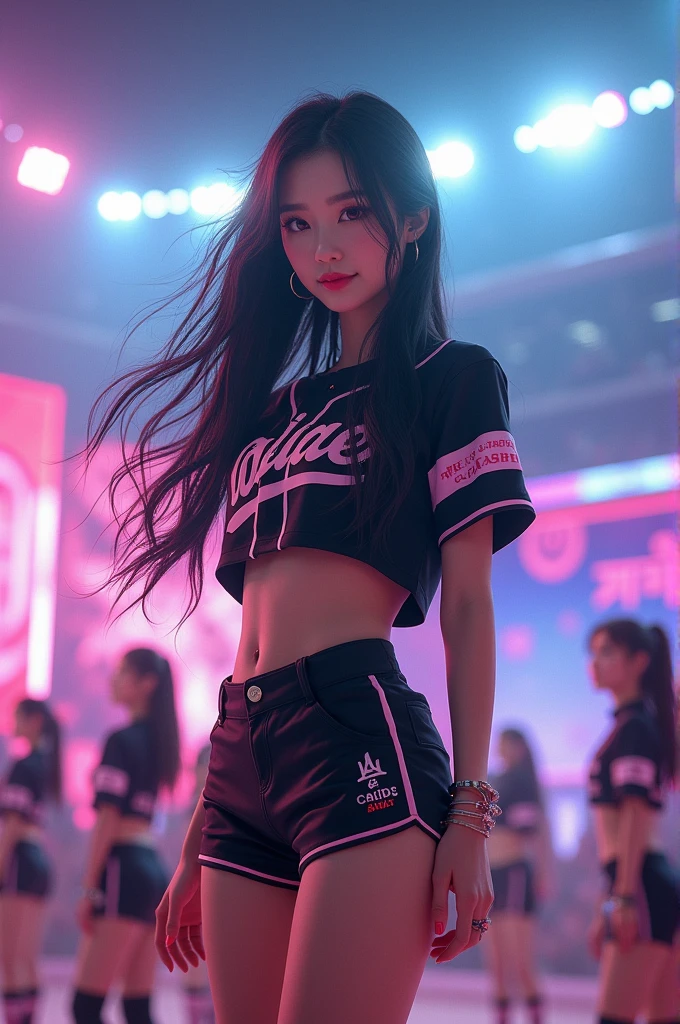 make me a kpop idol girl with long black hair and Baseball uniform the stadium performing her new songs with her group