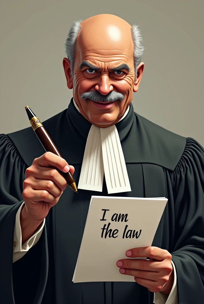 A bald supreme court judge with a sarcastic smile and a very small mustache with a pen in one hand and in the other hand with a sheet of paper written I am the law in the Brazilian Portuguese language