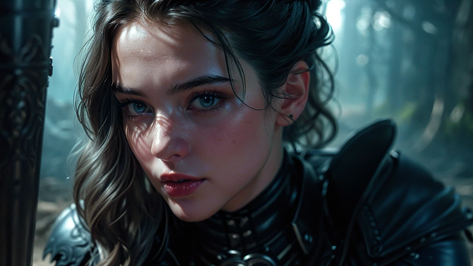 (((ultra realistic))) Photo, masterpiece, top quality, (pale skin), (Ultra detailed face and eyes:1.2), Bright eyes, 1 girl, (blue leather corset), gloomy atmosphere, ((fantasy background)), (Eye makeup, mascara) , ((Dark wavy hair)) , ((Stylish hairstyle)) , (Natural breasts), (A slight smile), ((Posing)), photoshoot, studio (Contour lighting), (The play of light and shadows), depth of field, bokeh, (special attention to skin detail: 1.2), Detailed leather texture, skin pores, (( color scheme - black, Gray, Ashen, blue tones)), ((Film grain)), ((rays)) , ((full body portrait, wide camera shot)), ((hourglass figure)), ultra detailed,