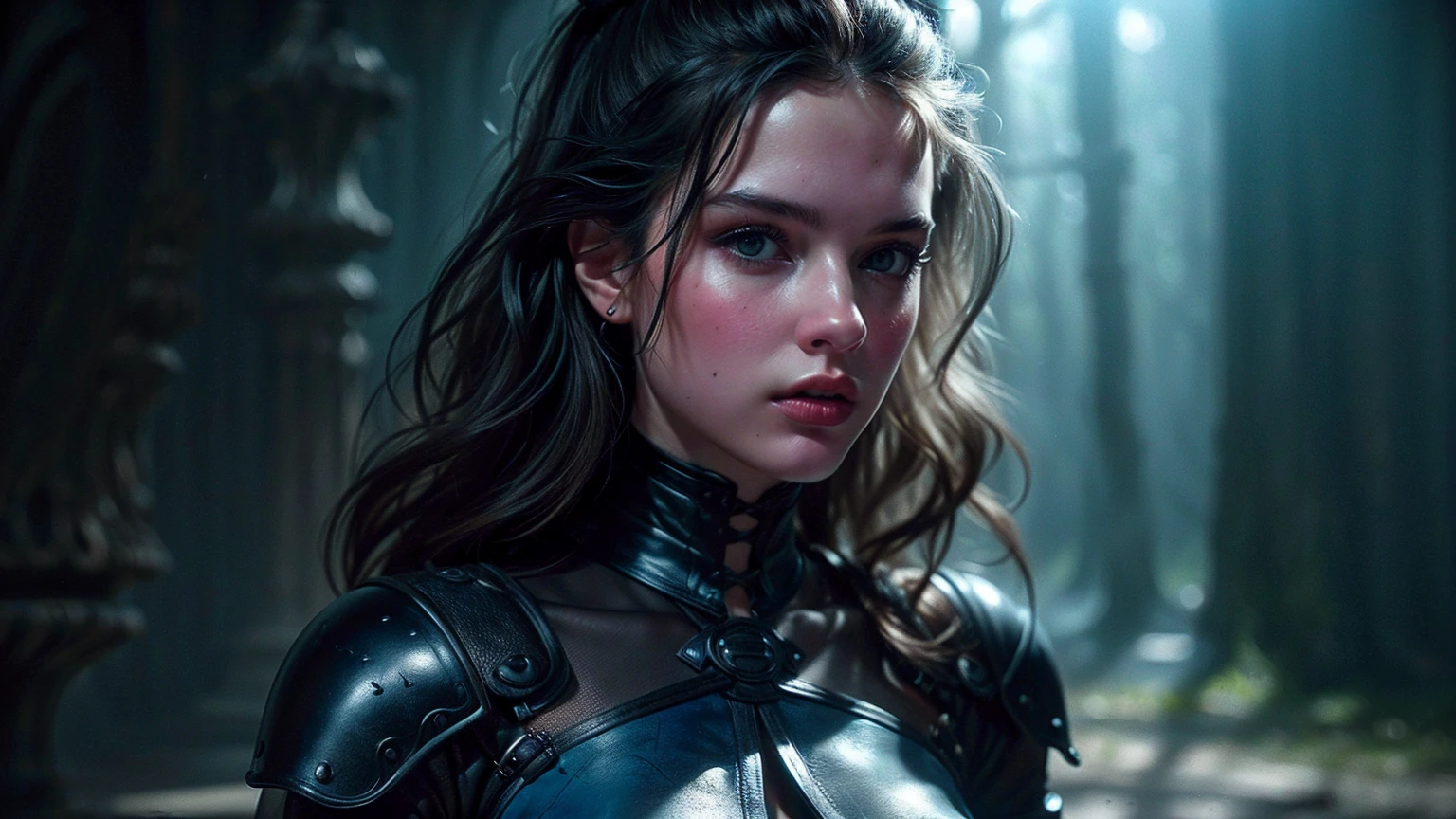 (((ultra realistic))) Photo, masterpiece, top quality, (pale skin), (Ultra detailed face and eyes:1.2), Bright eyes, 1 girl, (blue leather corset), gloomy atmosphere, ((fantasy background)), (Eye makeup, mascara) , ((Dark wavy hair)) , ((Stylish hairstyle)) , (Natural breasts), (A slight smile), ((Posing)), photoshoot, studio (Contour lighting), (The play of light and shadows), depth of field, bokeh, (special attention to skin detail: 1.2), Detailed leather texture, skin pores, (( color scheme - black, Gray, Ashen, blue tones)), ((Film grain)), ((rays)) , ((full body portrait, wide camera shot)), ((hourglass figure)), ultra detailed,