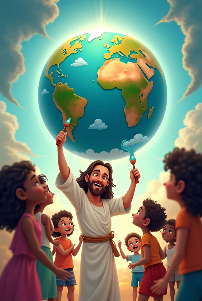cartoon of Jesus painting planet earth and children of various races looking happy 