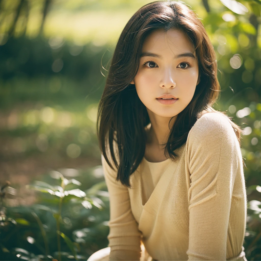 A hyper-realistic image of a single Japanese woman in her early 20s, captured with the nostalgic warmth and subtle graininess of a film camera, focusing on her upper body from the shoulders up. Her skin has a warm beige tone with a natural, slightly rough texture that includes visible pores, fine lines, and subtle imperfections such as small blemishes, adding to the authenticity of her appearance. The soft, diffused natural light enhances the film-like quality, casting gentle shadows across her face and shoulders to create a timeless, organic feel. Her straight, glossy black hair frames her face in a natural, slightly tousled manner, and her deep brown eyes reflect the ambient light, adding depth and emotion. The film camera effect introduces a slight grain and a softer focus, giving the image a warm, nostalgic atmosphere while maintaining the realistic texture of her skin. She is dressed in a simple, elegant top that complements her natural beauty, with the overall composition designed to evoke a sense of genuine, understated elegance. The use of natural light, combined with the deliberately rougher texture of her skin and the film-like qualities, ensures that this image captures the imperfections that make her beauty truly lifelike, focusing solely on this one individual from the shoulders up.