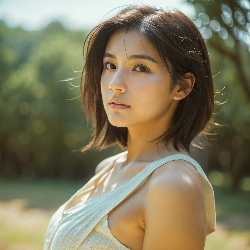 A hyper-realistic image of a single Japanese woman in her early 20s, captured with the nostalgic warmth and subtle graininess of a film camera, focusing on her upper body from the shoulders up. Her skin has a warm beige tone with a natural, slightly rough texture that includes visible pores, fine lines, and subtle imperfections such as small blemishes, adding to the authenticity of her appearance. The soft, diffused natural light enhances the film-like quality, casting gentle shadows across her face and shoulders to create a timeless, organic feel. Her straight, glossy black hair frames her face in a natural, slightly tousled manner, and her deep brown eyes reflect the ambient light, adding depth and emotion. The film camera effect introduces a slight grain and a softer focus, giving the image a warm, nostalgic atmosphere while maintaining the realistic texture of her skin. She is dressed in a simple, elegant top that complements her natural beauty, with the overall composition designed to evoke a sense of genuine, understated elegance. The use of natural light, combined with the deliberately rougher texture of her skin and the film-like qualities, ensures that this image captures the imperfections that make her beauty truly lifelike, focusing solely on this one individual from the shoulders up.