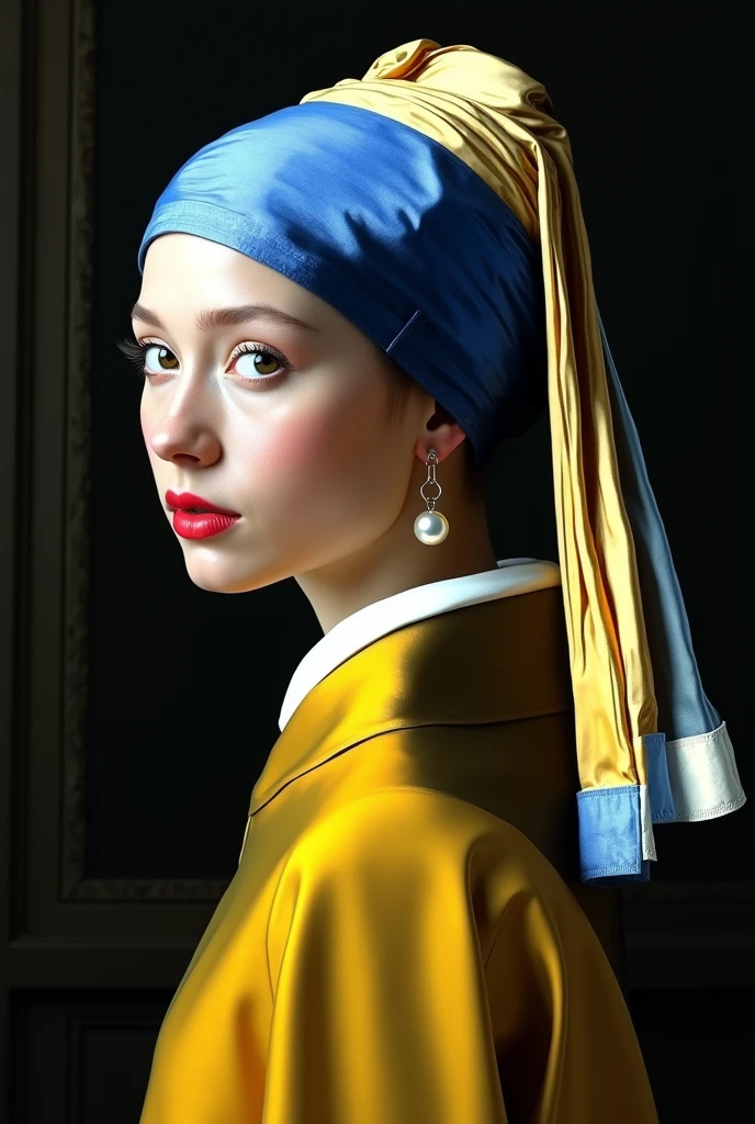 Creer de facon realiste le tableau de Johannes Vermeer qui est la jeune fille à la perle de Johannes Vermeer. Elle est habillée de la meme facon que le tableau original. Son habit est en matiere latex pvc vinyle brillant jaune, et son foulard sur la tete est en matiere latex vinyle pvc brillant bleu blanc et jaune brillant plastique