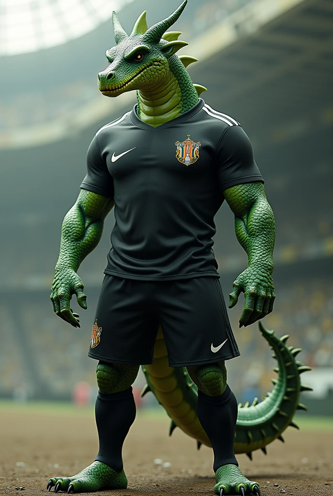 Hornless and wingless green dragon with muscular human body wearing black shirt and black soccer uniform
