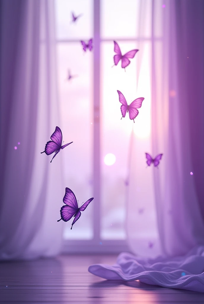 It depicts the interior of a room bathed in soft purple light.。Curtains fluttering from the window、There are many butterflies fluttering there。Half pastel purple、Half Violet。
More Butterflies々Increase。
The background is blurred。Fantasy、Sparkling。