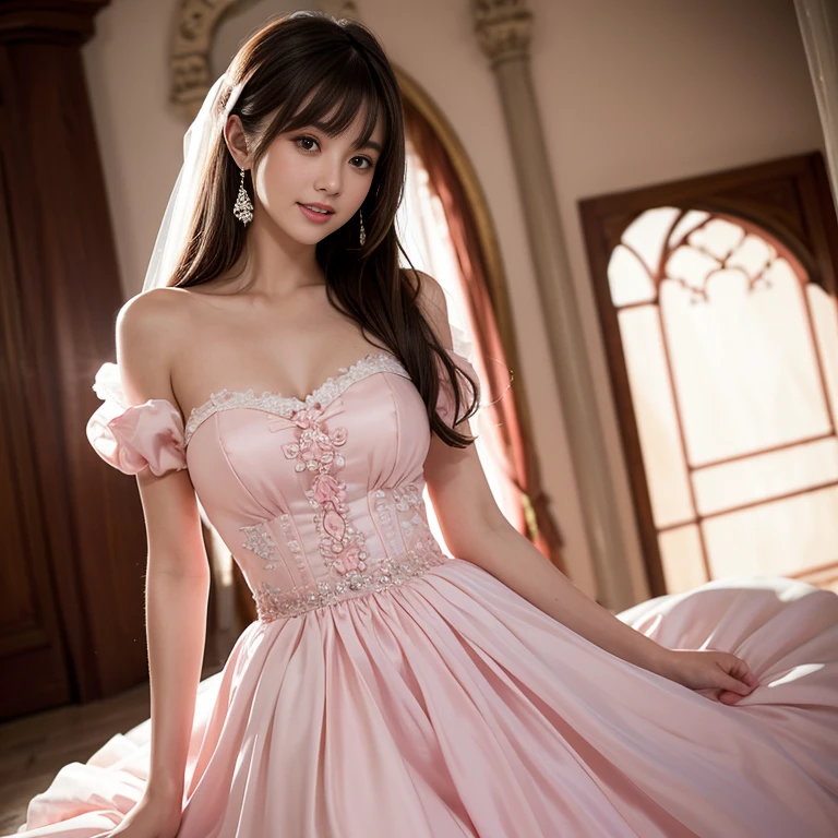 laughing out loud,(knee shot), 1 girl, light brown hair, blunt bangs, hair behind ears, Hair over the shoulders, long hair, Slender body type, Super thin face, face slimming, delicate lips, beautiful eyes, Thin blush, Eyes are light brown,Check it out here, (realistic:1.3), 8k, , Super detailed, high quality, best quality, High resolution,Wear pink wedding dress,Wear a big dress,wear princess dress,Wear a wedding dress,fairy princess dress,in the castle,Wedding ceremony,gauze dress,Wedding dress,Large gauze skirt禮服,tutu dress,Large skirt,Big hem,Large gauze skirt