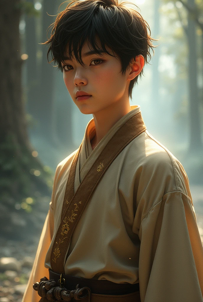 Boy around 16, tall,, ( Brown or green outfit) china slave outfit,short brown hair, detailed face, detailed brown beautiful eyes, Chinese slave, full body photo (intricate:1.3), (arcane aura:1.2), (dreamlike:1.3), (subtle mist:1.1),(vibrant colors:1.2), (detailed hair:1.3), (ultra realistic details:1.5)