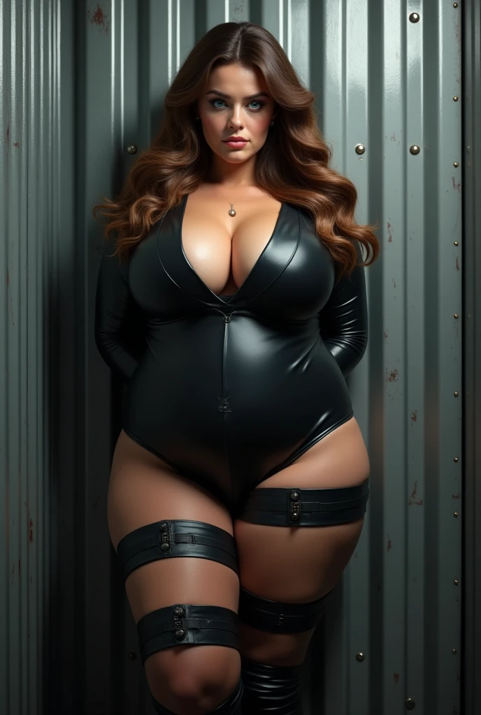 high quality, The content is very detailed,(8k, The best quality at its best, masterpiece:1.2),(\(Clothing Details\)\),(Face Focus) ,Highly detailed CG synthesis 8k wallpaper,Huge file sizes,Super detailed,High resolution,Hoan Lap,Beautiful Eyes,Raytracing,Dramatic Shadows,More about pubic hair,Dramatic angle,Hyper Detail,(1 girl:1.3),(alone),Brown haired,Blue colored eyes, Plump girl, Black rubber suit, ((ball plug)), Large Breasts, Handguard, Wide Hips,Mature Woman,Plump body,Thick thighs,(His hands were tied behind his back with tape:1.2),(Thighs and calves、He was bound with black rubber straps at a 45 degree angle...),Leaning against a wall.Background in container,Metallic grey steel wall