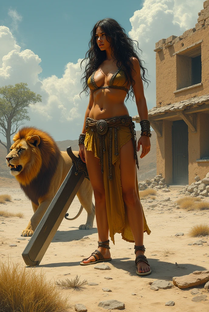 Big breasted woman in desert with trees and remains of old house fat sword in hand with lion behind her