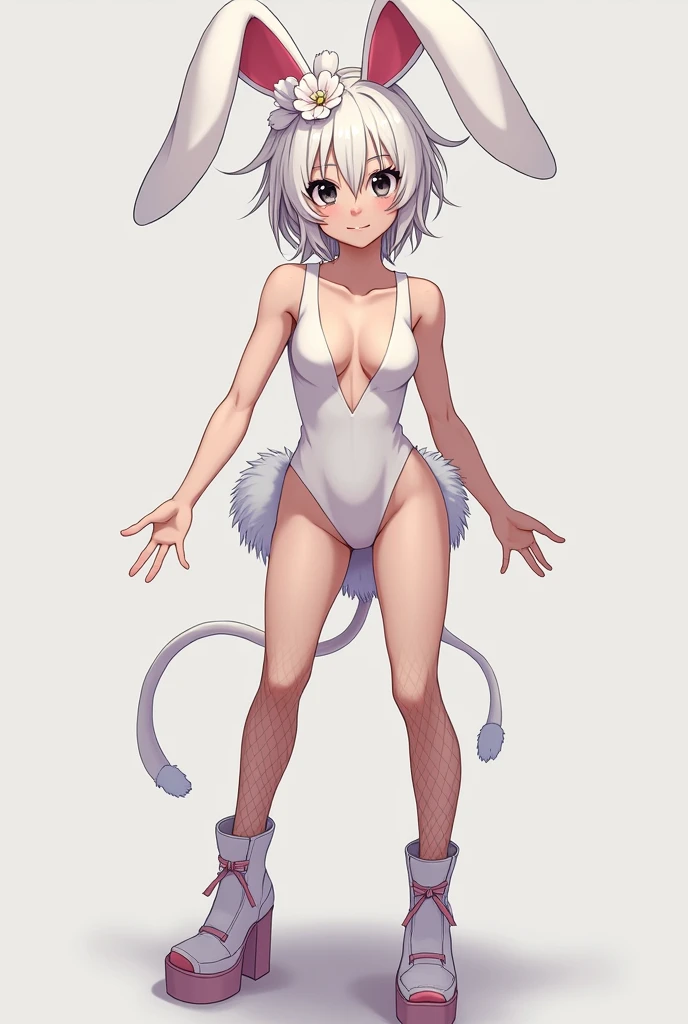 Male with medium white messy hair and white flower bow on head black eyes bunny girl outfit