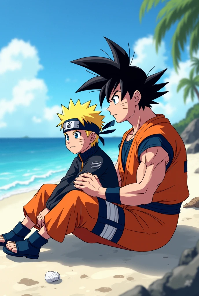 Naruto, muscular goku, sitting on beach