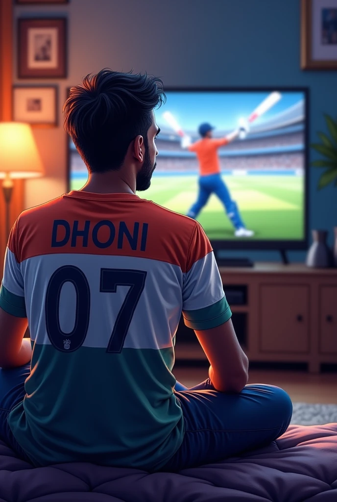 Aman watching msd in tv with Indian tshirt 07 number and in tv msd