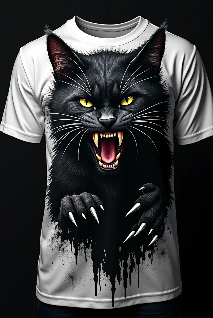 Make the best interclass shirt in white with a small black pampeano haystack cat, with sharp teeth and make scratches and claws details on the shirt on a black background for sports