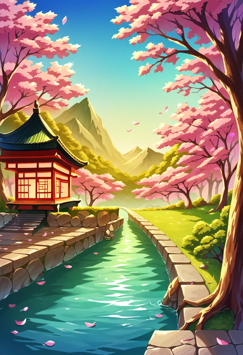 (digital painting),(best quality), serene Japanese garden, cherry blossoms in full bloom, koi pond, footbridge, pagoda, Ukiyo-e art style, Hokusai inspiration, Deviant Art popular, 8k ultra-realistic, pastel color scheme, soft lighting, golden hour, tranquil atmosphere, landscape orientation