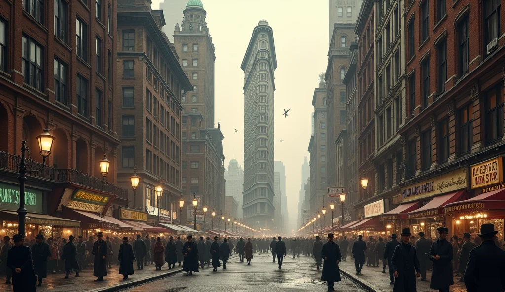Imagine New York City in the year 1900, a rapidly growing metropolis at the dawn of the 20th century. The city is alive with energy, its streets bustling with people from all walks of life, as the population swells due to waves of immigrants arriving from Europe and other parts of the world.
The skyline is beginning to rise, with new steel-framed buildings, such as the 20-story Flatiron Building under construction, signaling the city’s upward expansion. Most buildings are still made of brick and stone, with ornate facades and decorative elements like cornices, arches, and columns that reflect the Beaux-Arts style popular at the time.
The streets are crowded with horse-drawn carriages, trolleys clattering along their tracks, and early automobiles beginning to make their presence known. Pedestrians in a variety of fashions—from men in bowler hats and suits to women in long skirts and Gibson Girl hairstyles—navigate the sidewalks. Street vendors hawk their wares, filling the air with the sounds of their calls, while newsboys shout the latest headlines, reflecting the city’s role as a center of media and publishing.
In Lower Manhattan, the financial district is already the nerve center of American commerce. Wall Street is lined with the imposing facades of banks and stock exchange buildings, their interiors buzzing with activity as the city cements its place as the financial capital of the world. The area is a maze of narrow streets, overshadowed by the towering structures that house the country’s financial elite.
Nearby, the Statue of Liberty stands tall in the harbor, a symbol of freedom and hope for the thousands of immigrants arriving at Ellis Island, just across the water. The city’s diverse neighborhoods, such as Little Italy, Chinatown, and the Lower East Side, are teeming with life, each a microcosm of the cultures and traditions brought by those who settled there. Tenement buildings line these areas, crowded with families living in tight quarters, their win