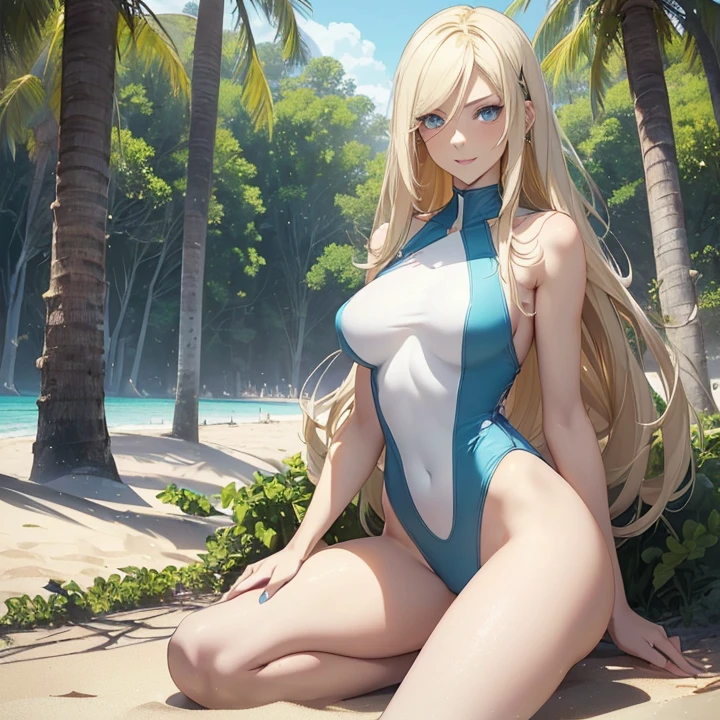 Anime Style, Character Design, HD, Best Quality, Masterpiece, High Details, High resolution, fantasy, carefully detailed, no deformities.
{{(1character: a 22 young woman civilian:(very pale skin, medium straight blonde hair, she stands 1,83 meters tall, voluptuous body complexion, blue eyes, sharp nose, thin lips, medium breasts, nice hips),(white highleg one-piece swimsuit),(relaxed expression, sweet smile closed mouth, sitting in the sand),(morning, pale blue sky, beach, sand, trees far at the back))}}