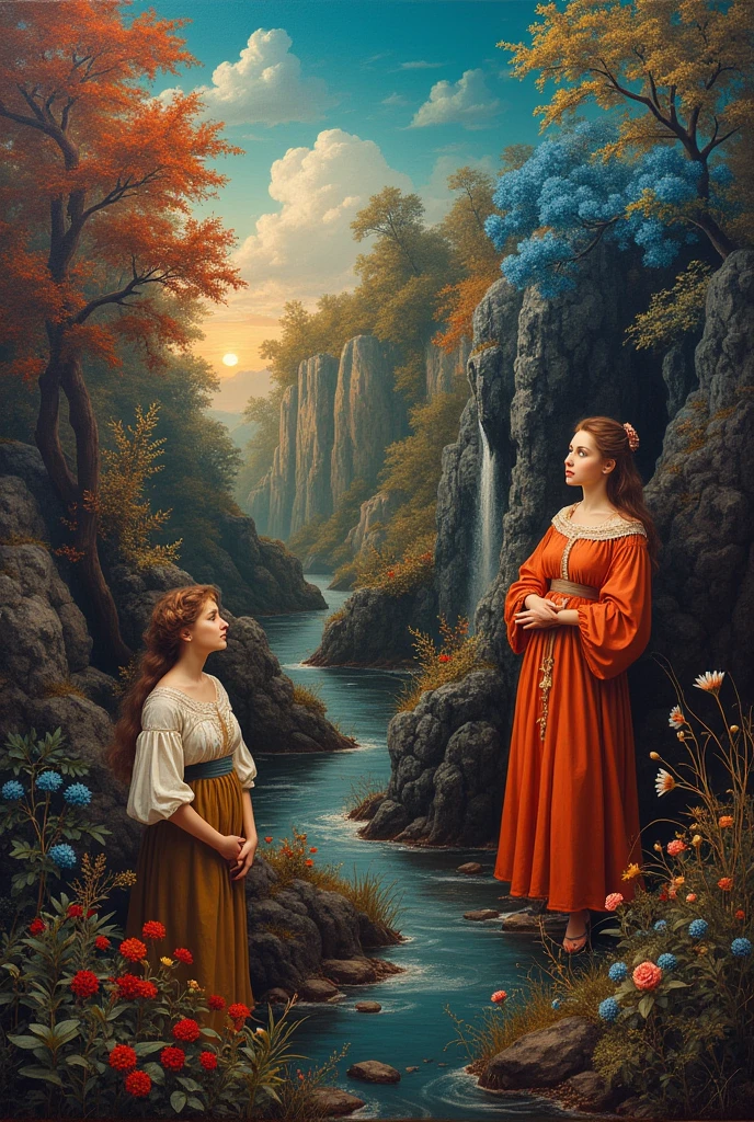 A painting with a forest nymph wearing a flowing dress holding a jewelry box The painting must have blue purple and beige colors In the background a mountainous landscape