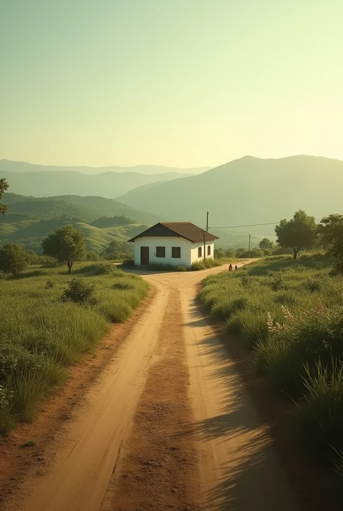 A long dirt road in Brazil and a small, simple white house in the distance 
