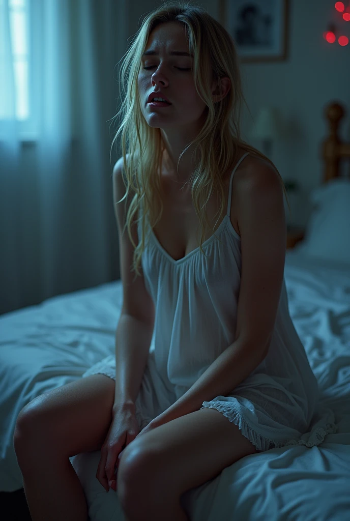 A beautiful blonde white girl with ชุดนอนบางสีขาวเปียก and sit on the bed, หลับตาและร้องไห้ อ้าปากด้วย, full body shot, movie lighting, glow, neon,