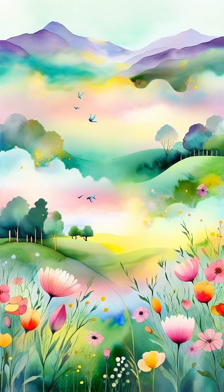 Pastel tones，light style，Comfortable and calm，nature，Warm and comfortable，garden，This watercolor floral painting depicts a beautiful scene of wildflowers and peach blossoms in a field。The screen is dominated by a white background，Highlight the bright colors of flowers。Use splatter technique，Reproduce a humid atmosphere。Abstract composition combined with surreal elements，Create unique visual effects。light tone、Pale pink and light green color scheme，and high-resolution details，Show the vitality and vitality of flowers。The splash effect of ink adds to the dynamic feeling of the picture..。Generally speaking，這幅畫是用light tone繪製的，Presenting a beautiful watercolor flower painting。