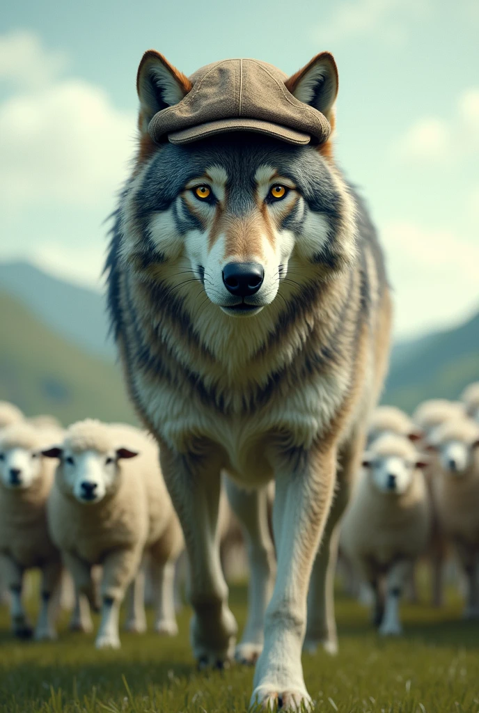 wolf with cap. Lead some sheeps