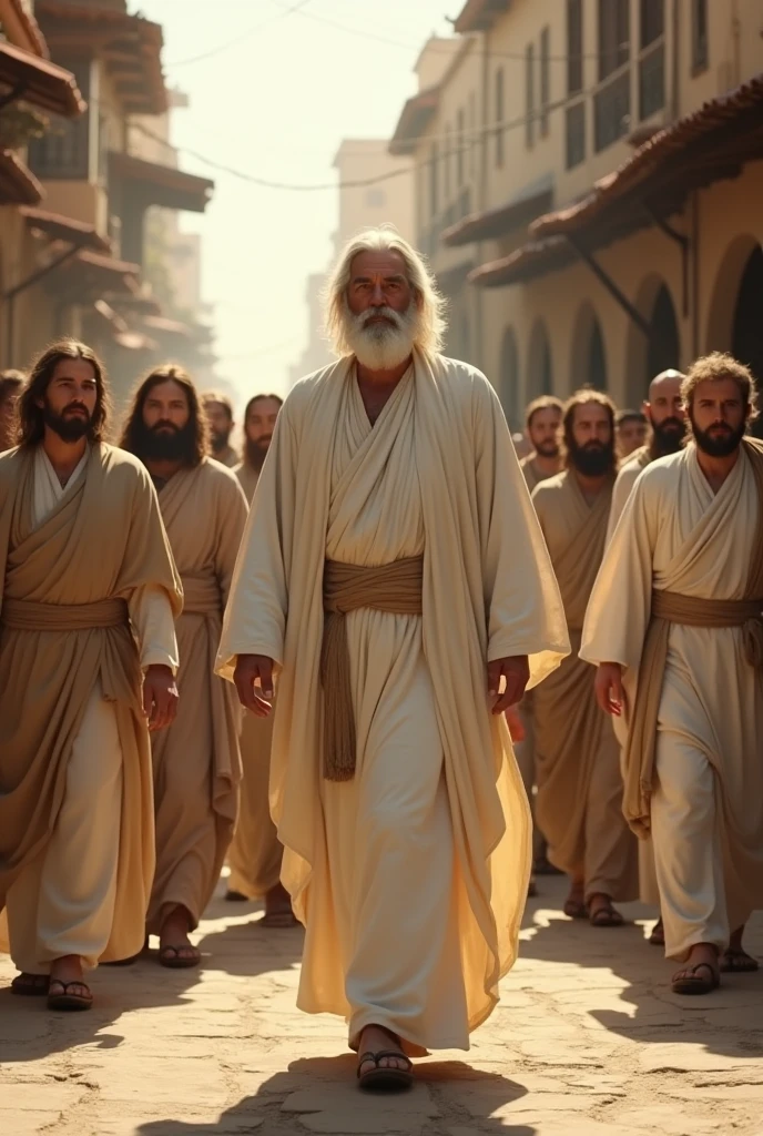 JesusChrist. Realistic high definition image Man in white robes. Saint with short white hair and white beard on an ayraz street his disciples following him looking forward