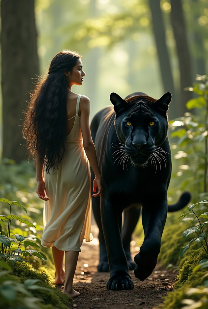 A beautiful girl from the magical forest with long dark black hair and fair skin walks beside a big black panther. This scene has a movie, natural light and high-quality, ultra-realistic photography at high resolution.