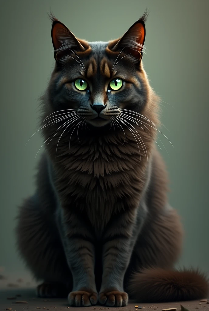 Dark brown cat with green eyes and long fur