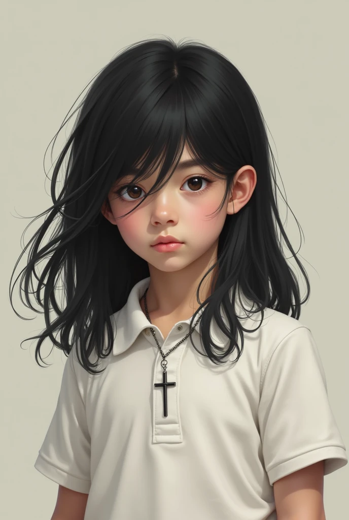 Boy with long black hair wearing a white polo shirt with a cross around his neck