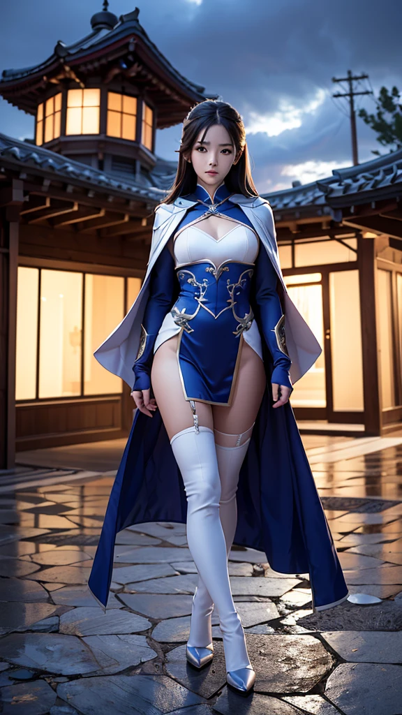 South korea walk women mystery hood up with modern royal Blue coat with long and wide sleeves with buttons and royal Blue cape and very high white heel over the knee and white gloves, As she reveals a small secret hidden blade coming from his wrist , adding to the characters mysterious, with small movements of air on the cape, in summer at night under the rain, with buildings featuring curved eaves and detailed architecture. sophisticated and highly detailed, ultra hd, realistic, hyper detailed, enhanced colours, ultra sharp focus, with vibrant, rich in details High quality, gorgeous, captivating, 8k, super detailed, stunning shadows, detailed lines, blood stain on coat and gloves and walls, a recently dead person with their throat slit