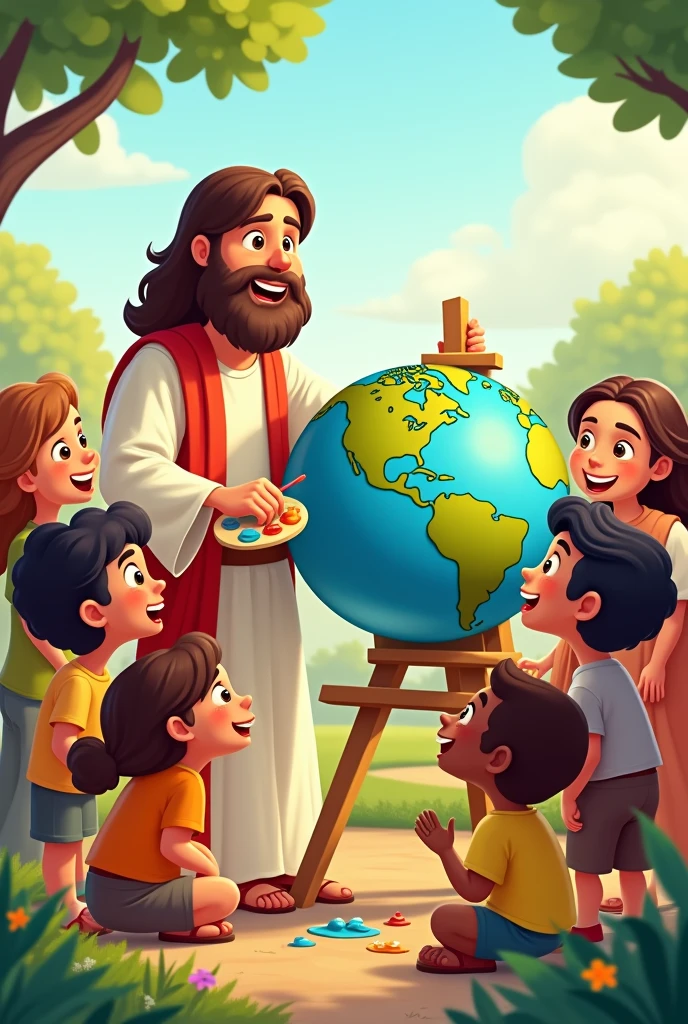 png cartoon of Jesus painting the planet earth and children of various races looking happy
