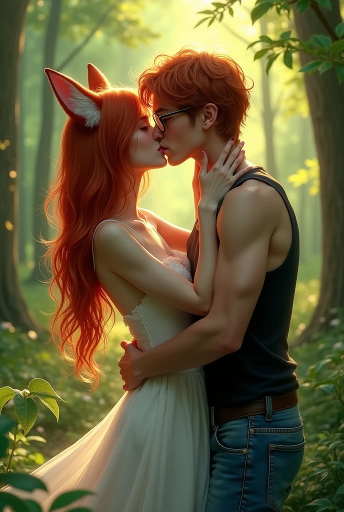 (raw photo, best quality) , (Realistic, photo-realistic: 1.4), extremely formidable overall plan, masterpiece, ultra-detailed, high resolution, best illustration, best shadow, complex, depth of field, very beautiful Western white woman with bewitching beauty (very realistic style), she has long red hair light brown eyes, she has a single beautiful fox tail, and beautiful medium-sized fox ears, she only has fox ears on her head ((she does not have human ears on her head)) ((we don’t see human ears on her head)), she wears a long fine white dress, she has a beautiful radiant smile, she is in a green forest, she hugs a young man, a 20-year-old human with wavy red hair, he wears rectangular glasses, he is dressed in blue jeans and a black tank top, the young man warmly embraces the young woman in his arms, both characters passionately kiss on the mouth in a passionate kiss, their mouths are glued to each other, they roll a lot letting their tongues touch in their mouths, it’s a long romantic kiss passionate and full of love, plan of ensemble, Photorealist style 8k, DSLR, high quality, (grain of the film: 1.4), Fujifilm XT3,