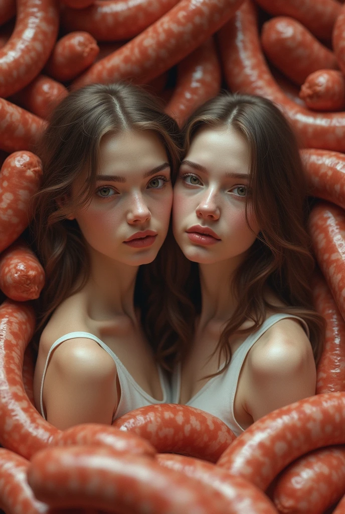 A 2 woman with white skin, wavy brown hair, is in her room and the room is full of sausages everywhere.

