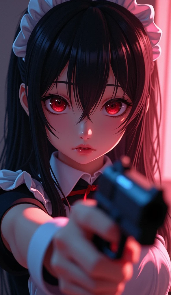 Tokisaki Kurumi from the anime Date A Live, 1girl, beautiful detailed eyes, beautiful detailed lips, extremely detailed face, long eyelashes, maid outfit, holding a pistol, dark hair, red eyes, intricate details, Soft lighting, vivid colors, digital painting, concept art, cinematic composition, atmospheric, photorealistic, 8k, best quality, masterpiece, Anime style.