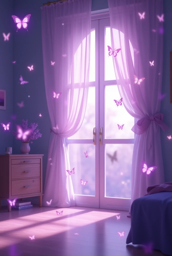 It depicts the interior of a room bathed in soft purple light.。Curtains fluttering from the window、そこにはたくさんのbutterflyが舞っています。Half pastel purple、Half Violet。
もっとbutterfly々Increase。
The background is blurred。Fantasy、Sparkling。butterfly々Lots of。