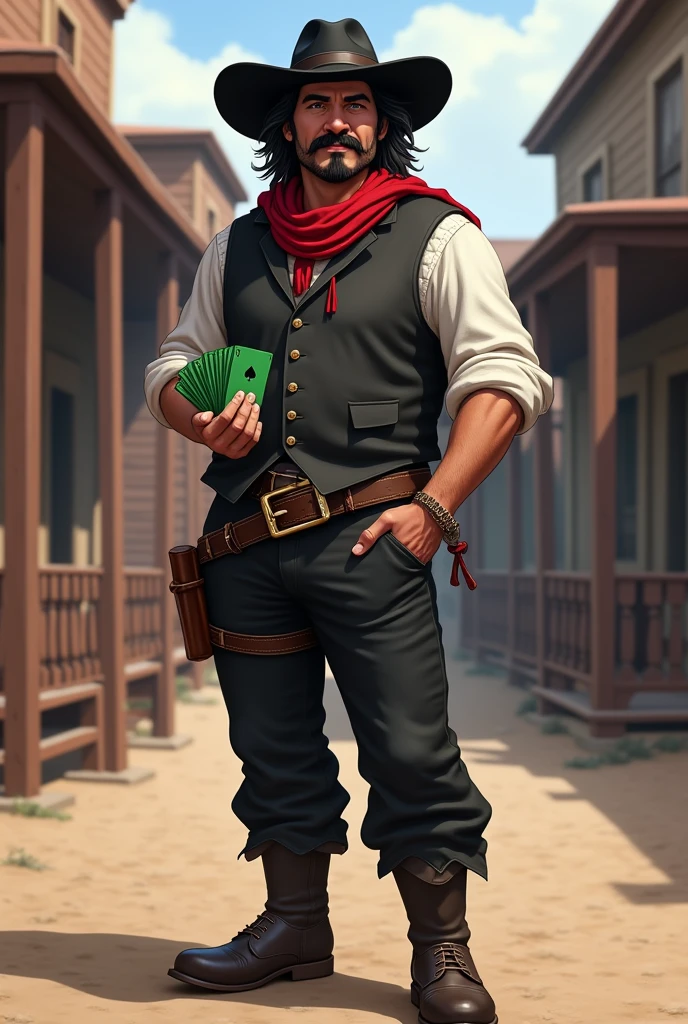 Make a full body art of a well-groomed adult Mexican street vendor with long, messy dark hair and a neat mustache and goatee. He wears a dark vest and a plain white shirt. He wears a black hat. He wears black pants with a buckle. A red scarf is wrapped around his neck and boots with spurs. He holds a green deck of cards in one hand, while the other hand is in his pocket. The character should be styled in a fantasy RPG art style, set in the Wild West. He is mature.