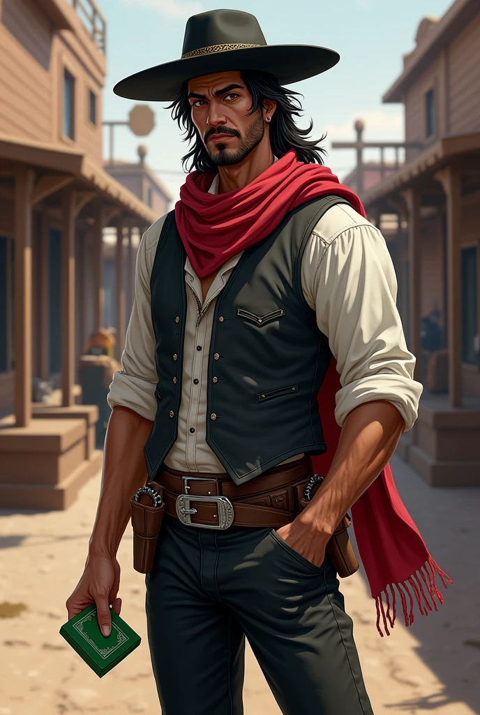 Make a full body art of a well-groomed adult Mexican street vendor with long, messy dark hair and a neat mustache and goatee. He wears a dark vest and a plain white shirt. He wears a black hat. He wears black pants with a buckle. A red scarf is wrapped around his neck and boots with spurs. He holds a green deck of cards in one hand, while the other hand is in his pocket. The character should be styled in a fantasy RPG art style, set in the Wild West. He is mature.