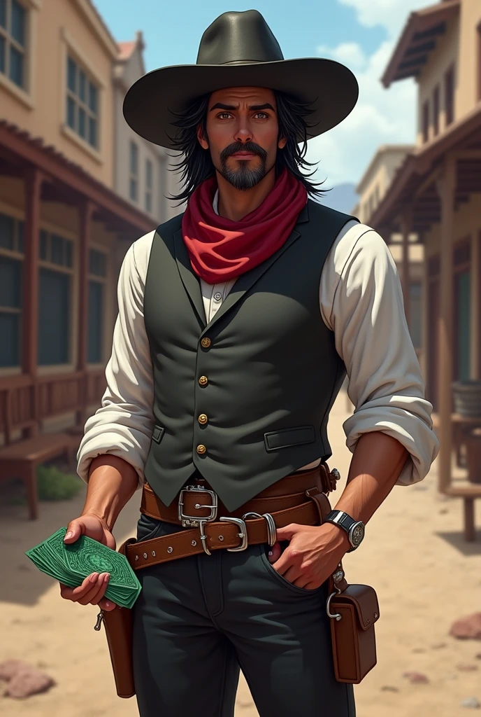 Make a full body art of a well-groomed adult Mexican street vendor with long, messy dark hair and a neat mustache and goatee. He wears a dark vest and a plain white shirt. He wears a black hat. He wears black pants with a buckle. A red scarf is wrapped around his neck and boots with spurs. He holds a green deck of cards in one hand, while the other hand is in his pocket. The character should be styled in a fantasy RPG art style, set in the Wild West. He is mature.