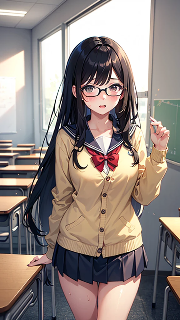 (((Masterpiece))),(((best quality))),(((detailed))),one girl, 18yo, detailed face,black hair, hime-cut, long hair, straight hair, black eyes ,Glasses, blush, narrow eyes, Sweat, close mouth, high school student, school uniform, beige cardigan, blue micro mini skirt,  rotund thighs, full hip, standing, at classroom, 