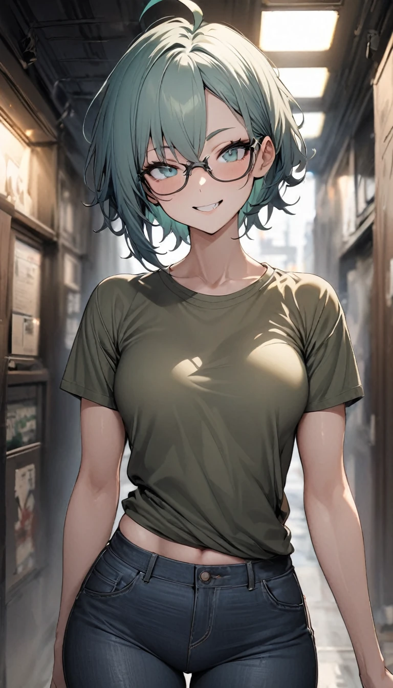 masterpiece, Highest quality, One girl, alone, 2, Adult, Turquoise Hair, Messy Hair, Asymmetrical hair, Ahoge, Very short hair, Aqua Eye, Medium chest,  Toned Up, 167cm, Pale skin, Glasses, Grin, Olive green shirt, jeans, Abdominal Peek,