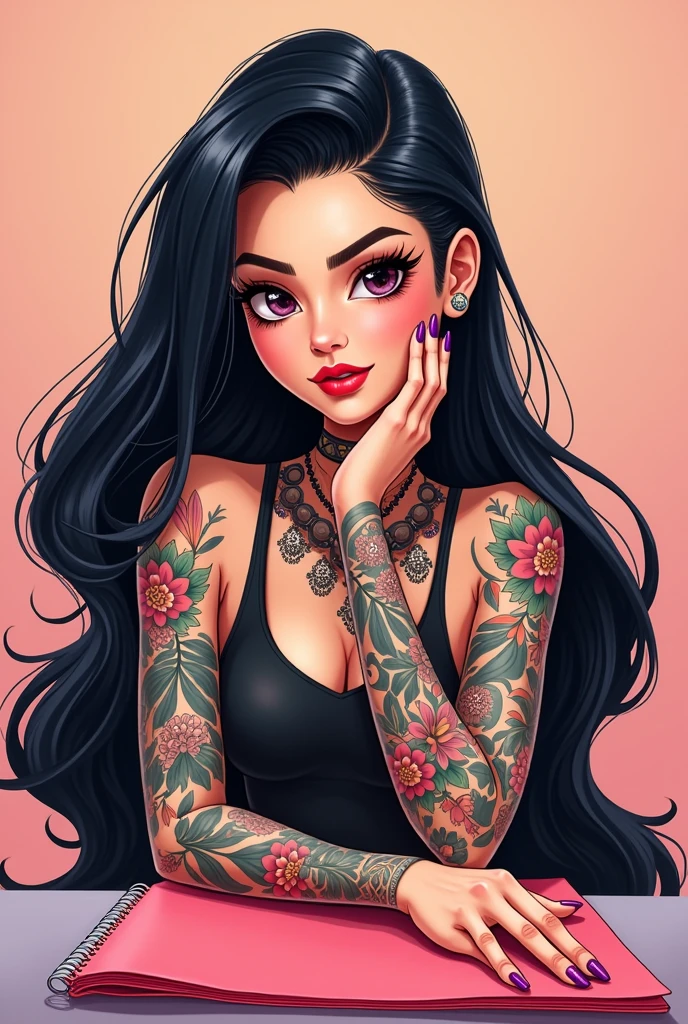 Animated tattooed manicurist with black hair 
