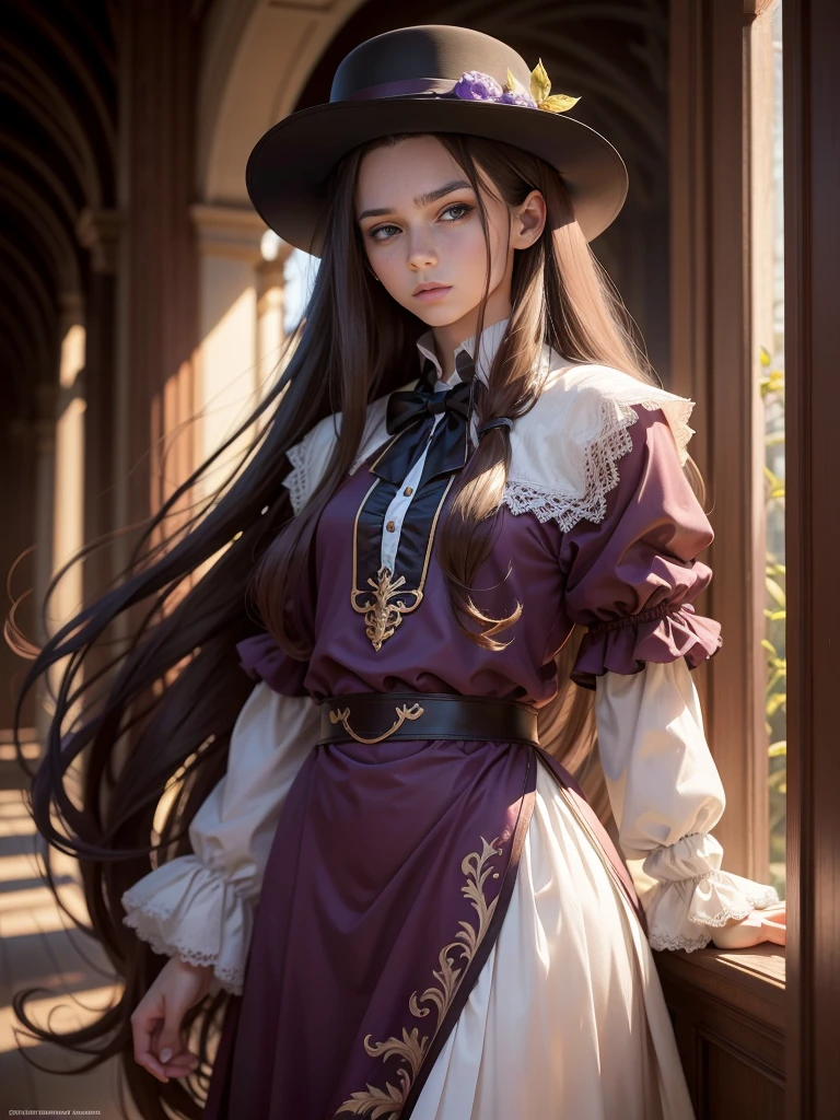Alone, Long hair, High resolution, looking at the viewer, Brown hair, very long hair, violet eyes, masterpiece, The best quality, anatomically correct, Awarded many times, detail, HD Model, details altos, high quality, quality, Very detailed, UHD, Closed mouth, serious, pale, Fedora, blurred, young, Chico, man, 1male,