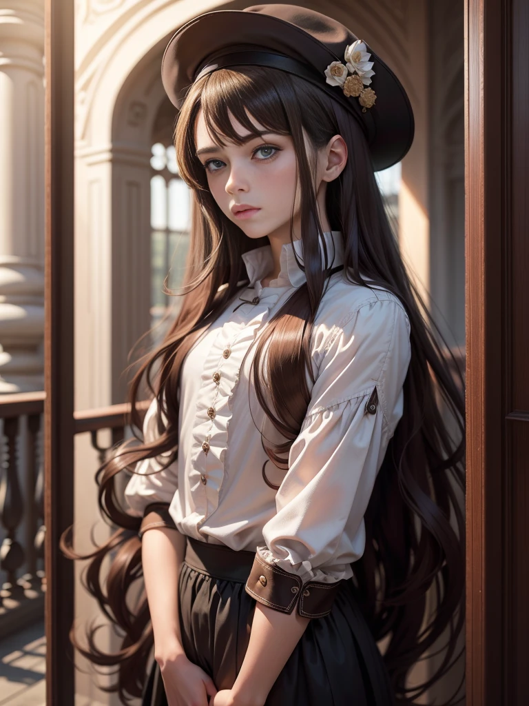 Alone, Long hair, High resolution, looking at the viewer, Brown hair, very long hair, violet eyes, masterpiece, The best quality, anatomically correct, Awarded many times, detail, HD Model, details altos, high quality, quality, Very detailed, UHD, Closed mouth, serious, pale, Fedora, blurred, young, Chico, man, 1male,