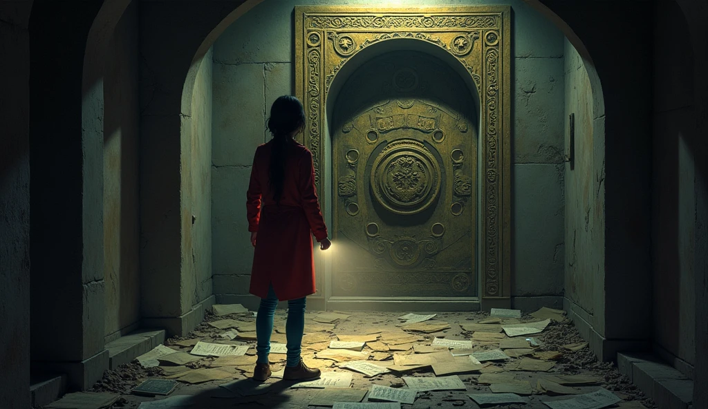 Scene 5: The Secret Chamber - Night

(At the end of the basement, Maya discovers a large, ornate door covered in strange symbols. She pushes it open, revealing a hidden chamber. Inside, there are old documents, photographs, and a large, mysterious artifact in the center of the room.)  maya seed is 1342503350, wearing red long shirt jacket with blue jean and holding flashlight.