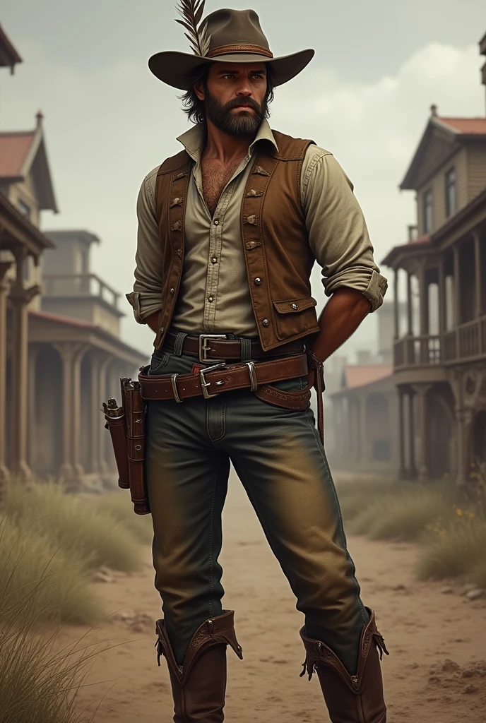 full body art of a He has combed brown hair and a slightly unkempt beard. His eyes are brown. Use John Marston from Red Dead Redemption as a reference, with a vest and rolled up sleeves. He wears a hat with a feather. He has both hands behind his back in a soldier pose. He is American, with a strong sense of brotherhood, and wears regular pants and boots with spurs. I would like the art to be in a fantasy RPG style, set in the Old West.