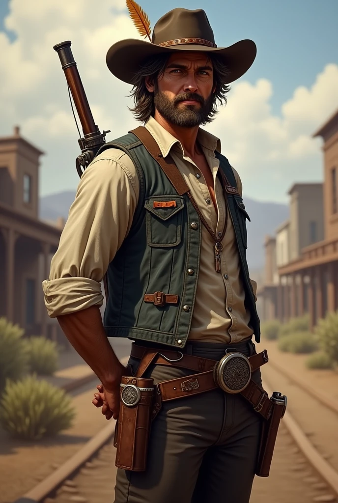 full body art of a He has combed brown hair and a slightly unkempt beard. His eyes are brown. Use John Marston from Red Dead Redemption as a reference, with a vest and rolled up sleeves. He wears a hat with a feather. He has both hands behind his back in a soldier pose. He is American, with a strong sense of brotherhood, and wears regular pants and boots with spurs. I would like the art to be in a fantasy RPG style, set in the Old West.